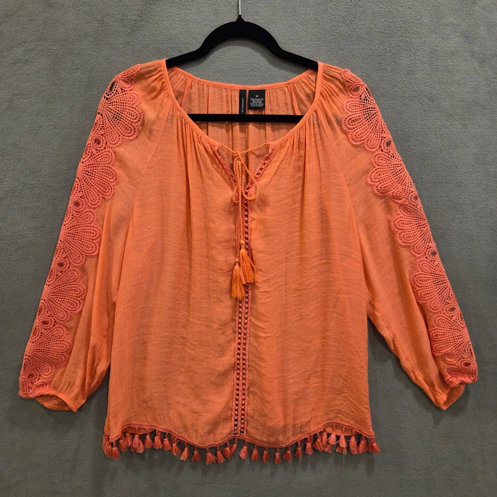 New Directions Tassel Peasant Top Blouse Womens Medium Lace Boho Coastal Hippie